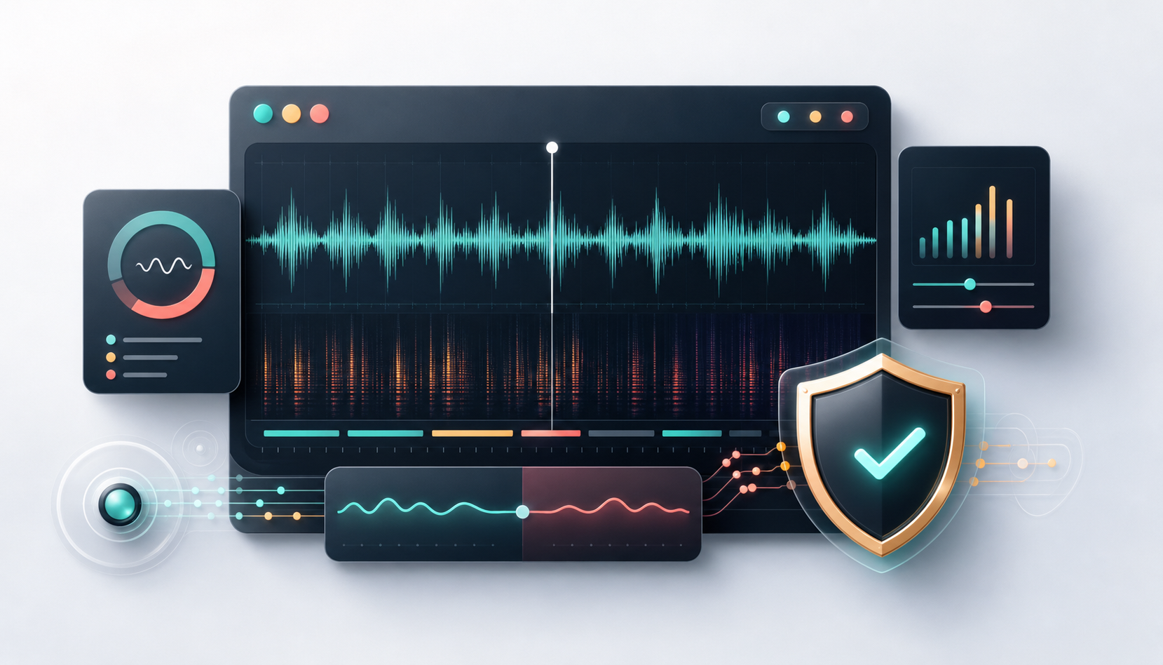 Audio waveform analysis interface with verification shield